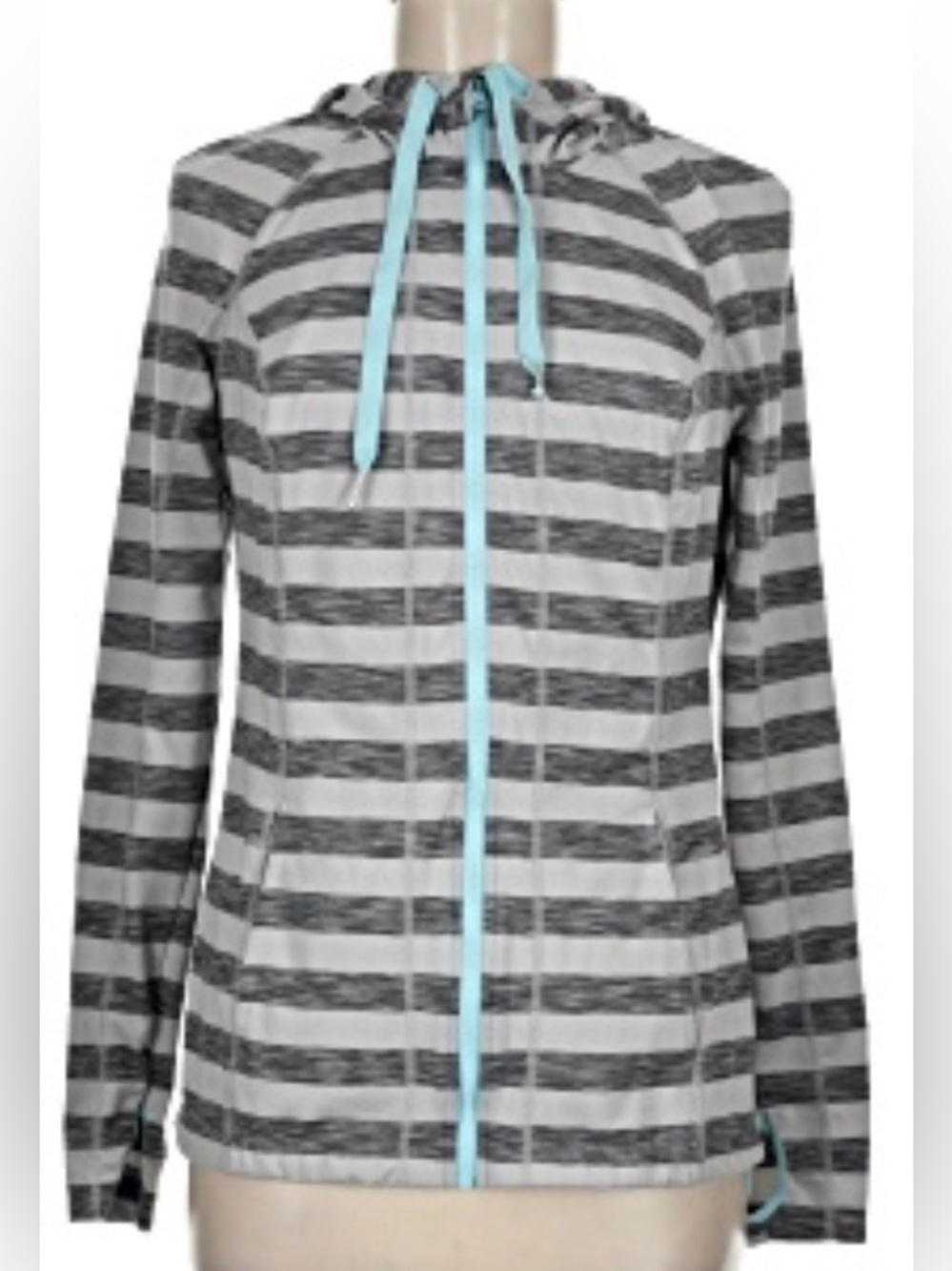 lukka Gray Striped Hooded Zip Jacket with Light Blue Trim